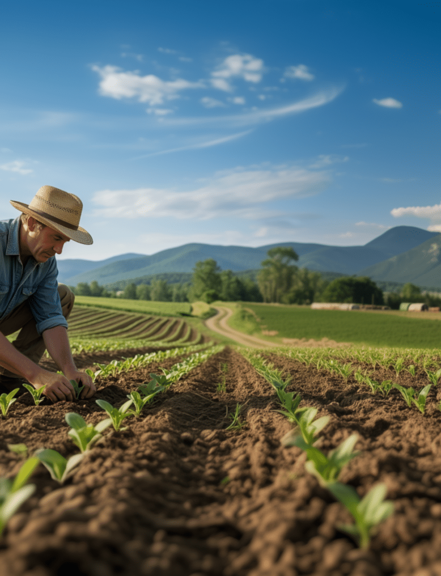 Farmer harvesting leafy greens in a large open field under daylight